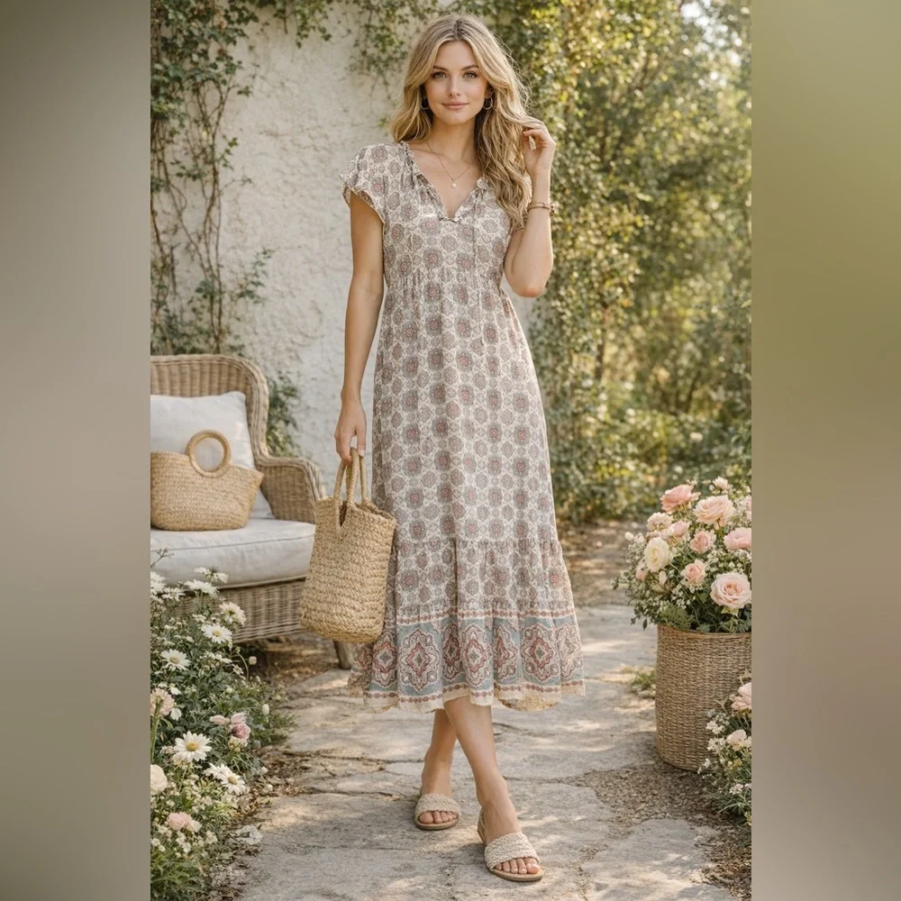 Blu Pepper Boho Midi Dress Paisley Medallion Cottagecore Spring M - Picture 7 of 7